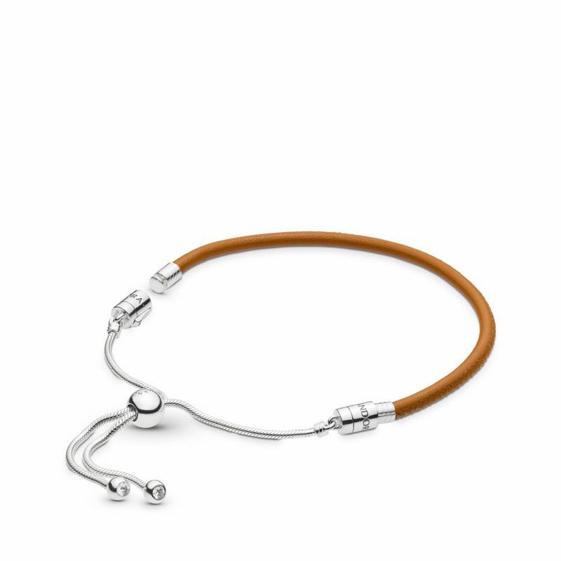 Pandora Sliding Golden Tan Leather Bracelet Ireland - Sterling Silver/Leather/Brown/Cubic Zirconia -